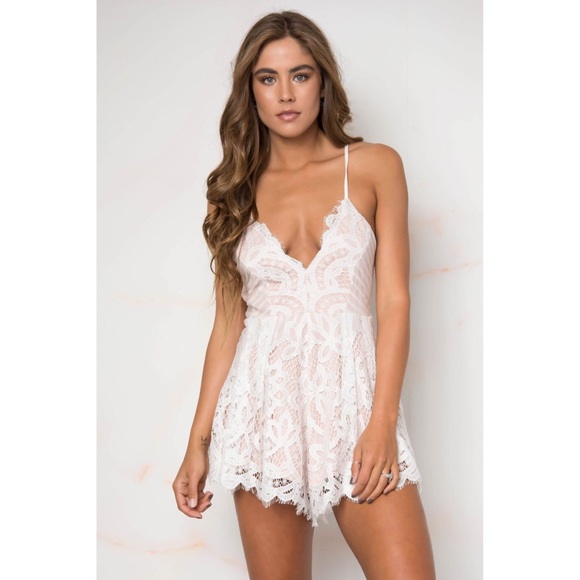 •LAST 1• White & Nude Lace Lace-Up Romper - Picture 6 of 8